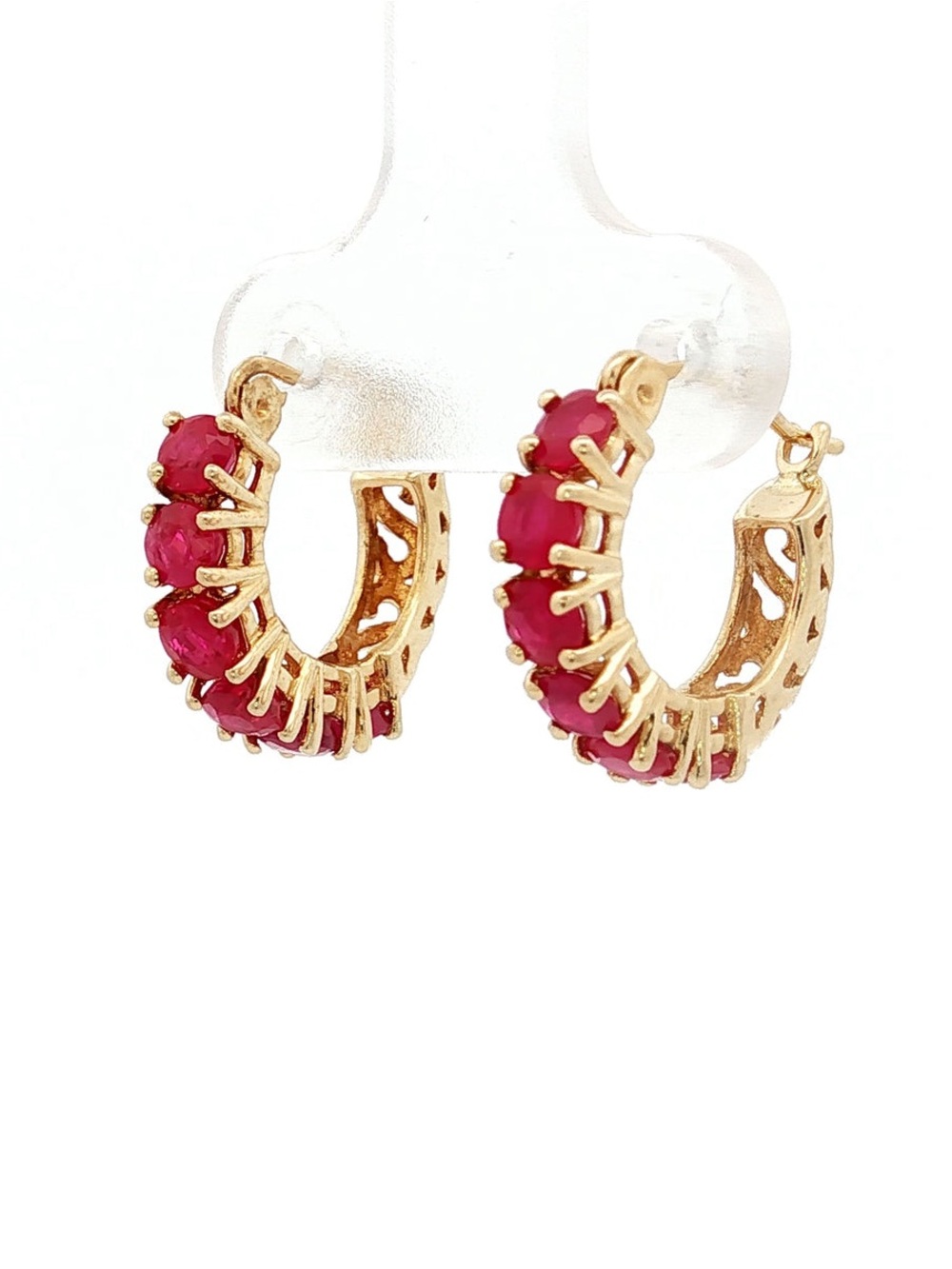 14k gold and Ruby Huggie Hoop Earrings - Picture 4 of 7